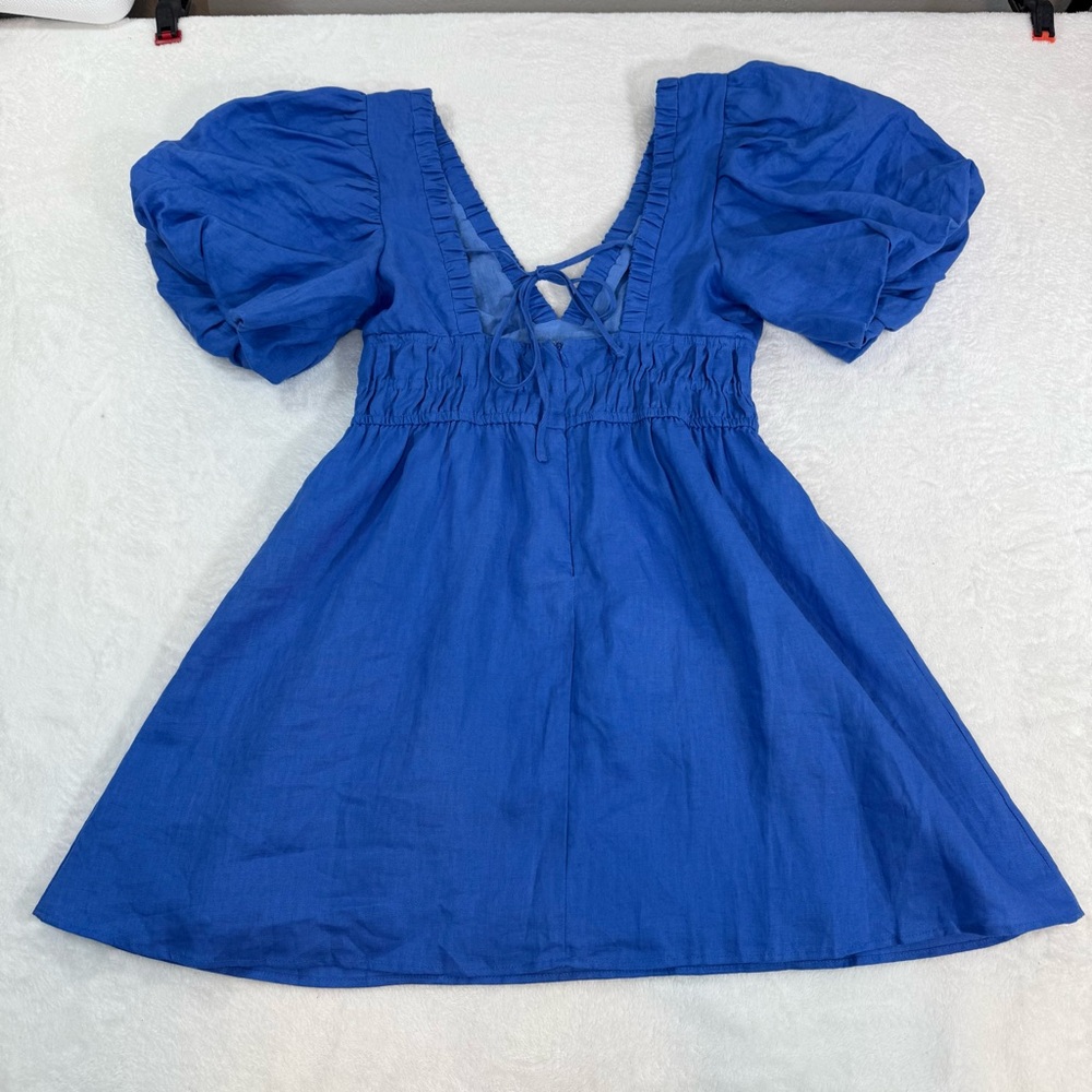 NEW Amalie the Label by Showpo Khaila LInen Lunge Puff Sleeve Mini Dress Blue 6 - Picture 8 of 15